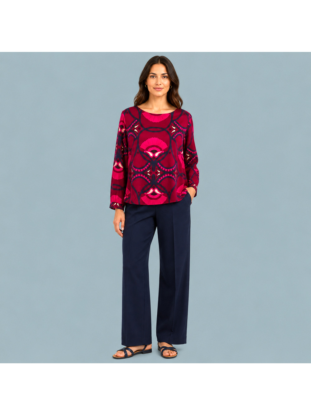 Elizabeth McKay Size 8 Pink Navy Print Scoop Neck Long Sleeve Silk Blend Top